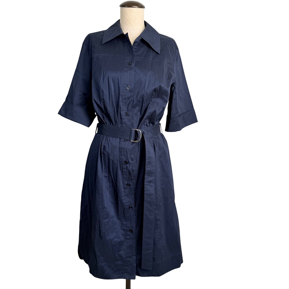 Hugo Boss Womens Navy Blue Cotton Blend‎ Belted Button Down Shirt Dress Size 8